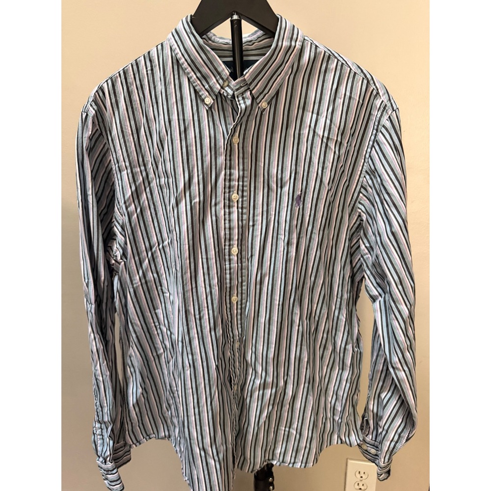 Polo Ralph Lauren Mens Custom Fit Striped Button Down Shirt BlueGreen 17.5 36/37
